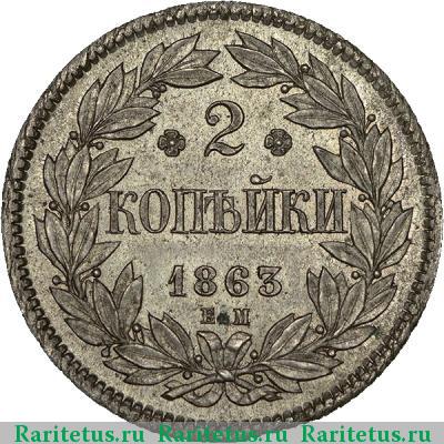 Реверс монеты 2 копейки 1863 года ЕМ новодел