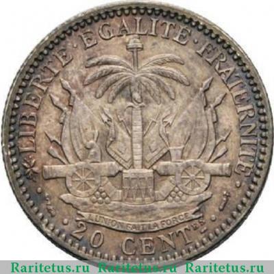 Реверс монеты 20 сантимов (centimes) 1882 года   Гаити