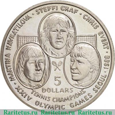 Реверс монеты 5 долларов (dollars) 1988 года  теннис Ниуэ