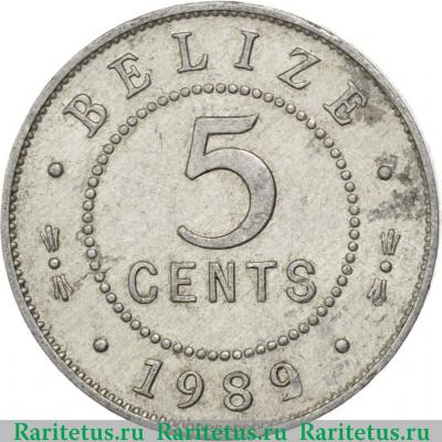 Реверс монеты 5 центов (cents) 1989 года   Белиз