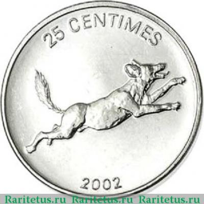 Реверс монеты 25 сантимов (centimes) 2002 года  собака Конго (ДРК)