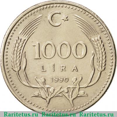 Реверс монеты 1000 лир (lira) 1990 года  