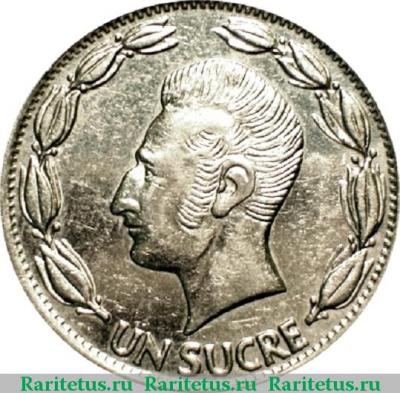 Реверс монеты 1 сукре (sucre) 1985 года   Эквадор