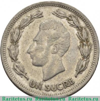 Реверс монеты 1 сукре (sucre) 1977 года   Эквадор