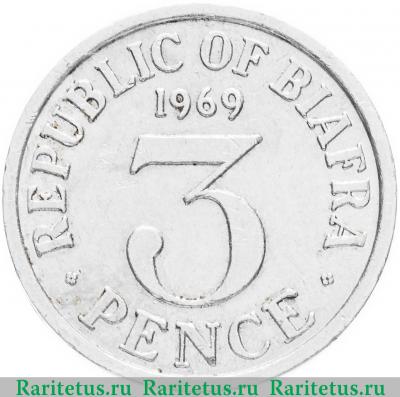 Реверс монеты 3 пенса (pence) 1969 года   Биафра
