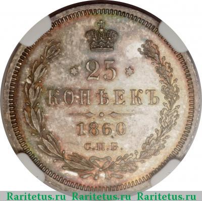 Реверс монеты 25 копеек 1860 года СПБ-ФБ в плаще