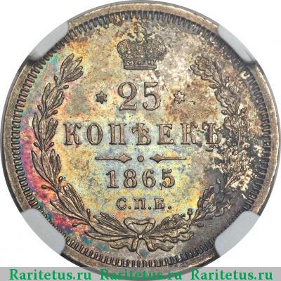 Реверс монеты 25 копеек 1865 года СПБ-НФ 