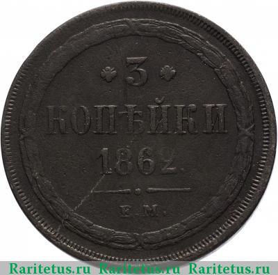 Реверс монеты 3 копейки 1862 года ЕМ 