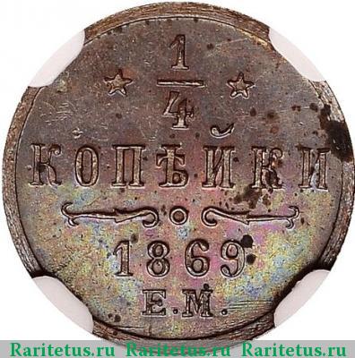Реверс монеты 1/4 копейки 1869 года ЕМ 