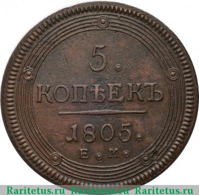 Реверс монеты 5 копеек 1805 года ЕМ образца 1806