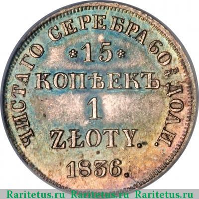 Реверс монеты 15 копеек - 1 злотый 1836 года НГ 