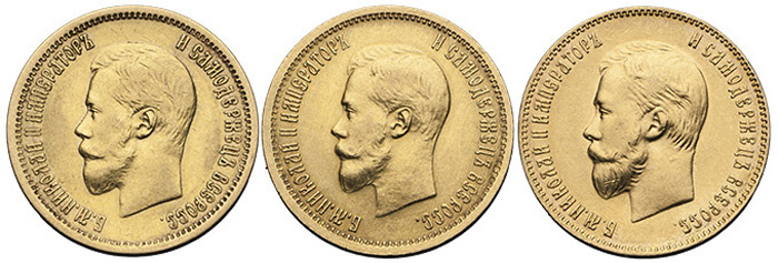 Портретные типы Николая II на золотых пятёрках
