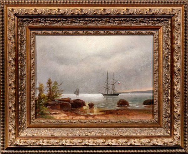 Картина "Пейзаж с парусниками" в раме, холст, масло, неизвестный художник, Западная Европа, 1870-1890 гг. 