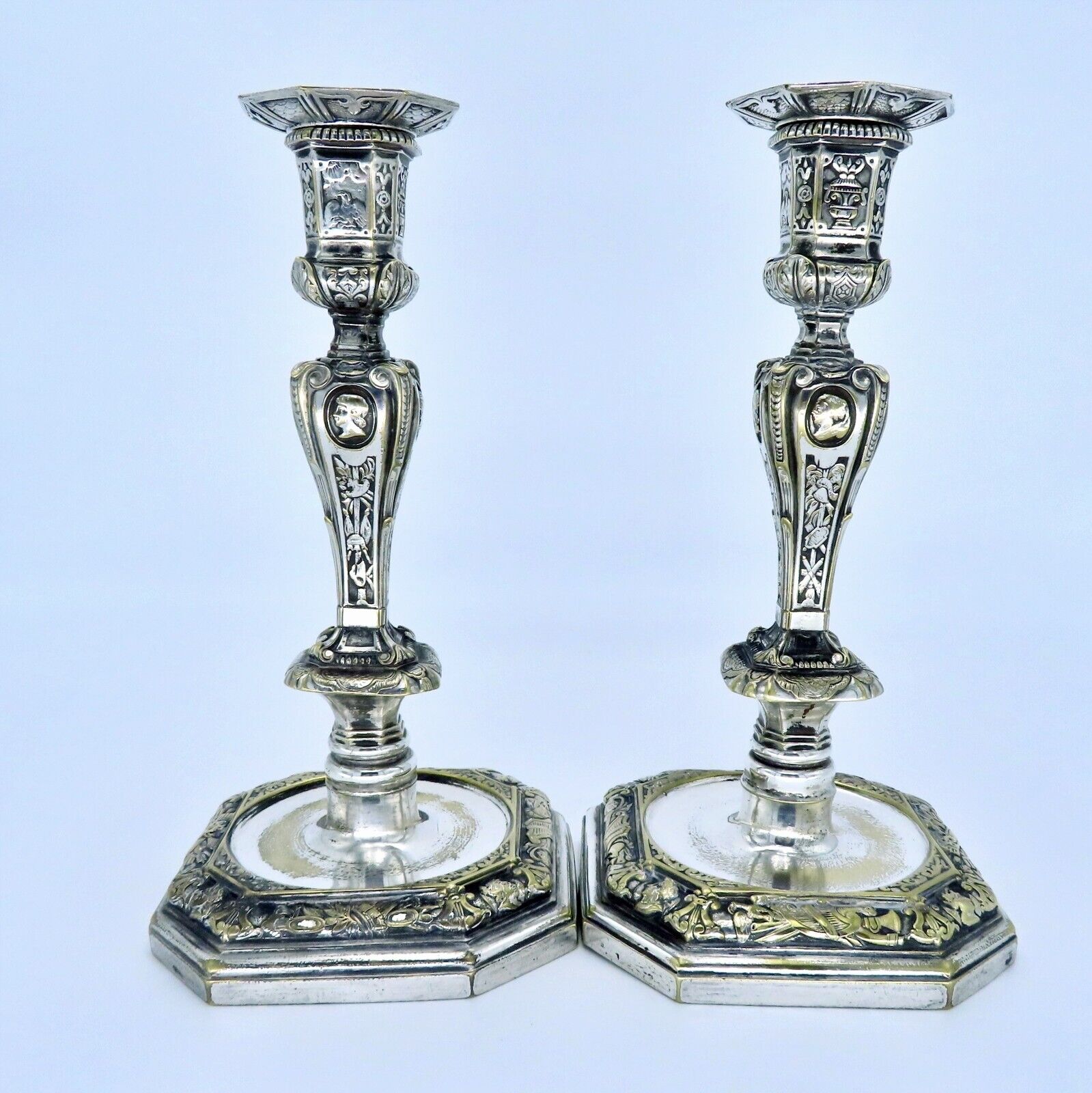 Bronze Silver Plated Candlesticks by Christofle Paris France Circa 1880