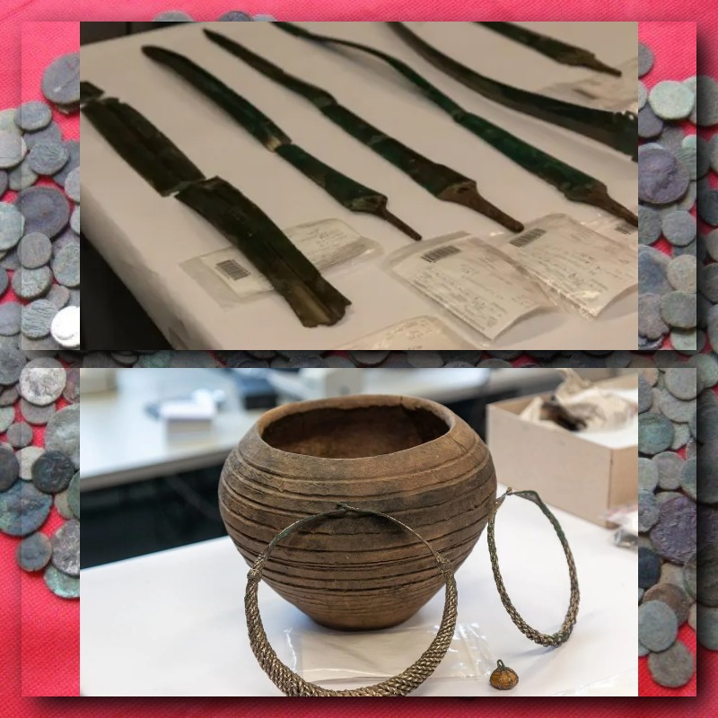 Фрагменты мечей и сосуд, найденные при раскопках