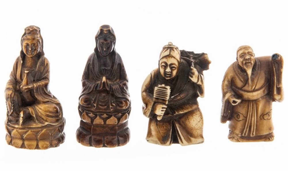 Заставка. Набор из четырех статуэток (нэцкэ и окимоно), изображающих персонажей восточной мифологии, композитный материал, резьба, Азия, 1990-2000 гг. 