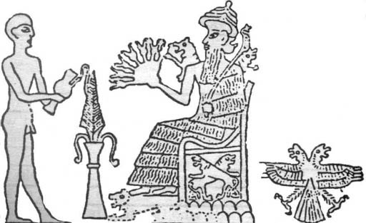 Шумерское изображение героя Нинурта на троне. В правом нижнем углу – Анзуд, с уже пострадавшей головой. Так всё и началось.  