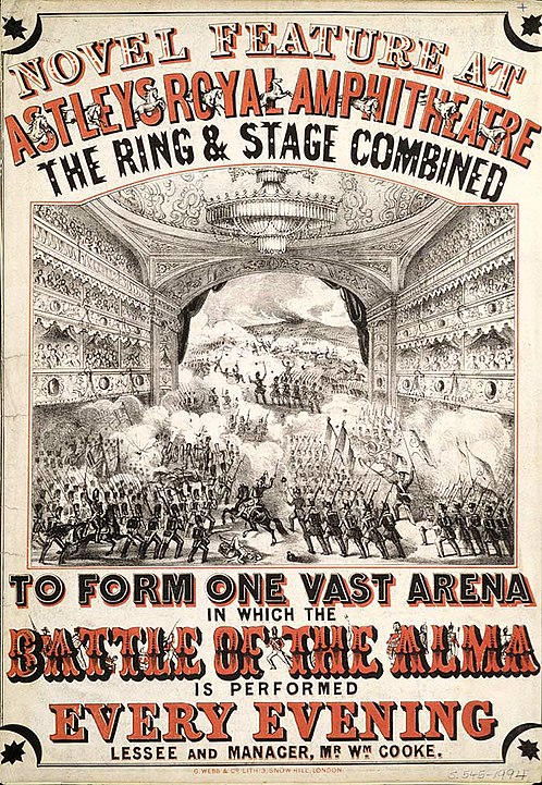 Плакат, рекламирующий конное представление "Битва при Альме" в Королевском амфитеатре Эстли, литография Г. Вебба и Ко, 1854 год. 