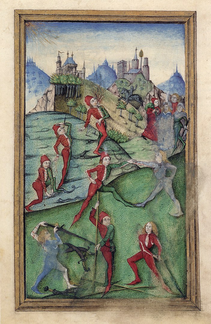Изображение на средневековой немецкой гравюре выступления цирковых артистов, шпагоглотание, огнеглотание, физическая сила, акробатика, эквилибристика, дрессированные животные (змеи). 