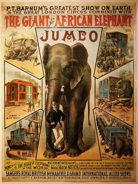 Джамбо и его смотритель Мэтью Скотт. Цирковая афиша. США, около 1882. 