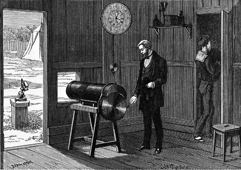 Астрономический револьвер Пьера Жюля Сезара Янссенна в действии, иллюстрация 1874 г.