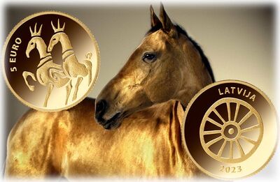 Золотая коллекционная монета «Золотые лошади» - 5 евро 2023 банка Латвии