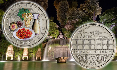 Мельхиоровая монета Италии с цветными элементами 5 евро 2023 года «Лацио»