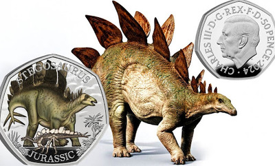 Новинки монет с изображением динозавров: монета 50 пенсов «Стегозавр» Великобритании