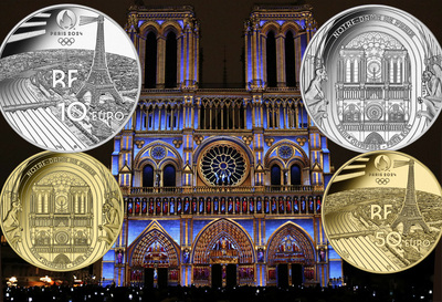 Монеты Олимпиады 2024 в Париже: Нотр-Дам-де-Пари и Эйфелева башня на 10 и 50 евро