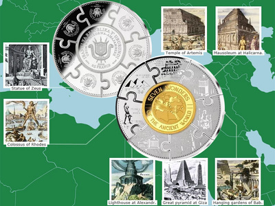 Монета Бурунди в виде пазла «Семь чудес античного мира» 2024 года