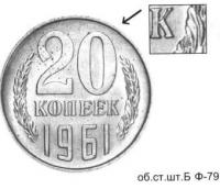 Цена монеты СССР 20 копеек 1961 года и ее разновидностей