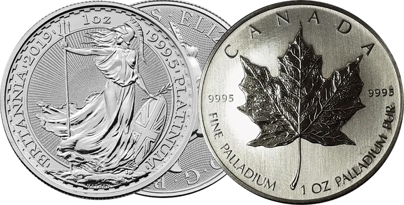 Монеты из платины (слева) и палладия (справа)