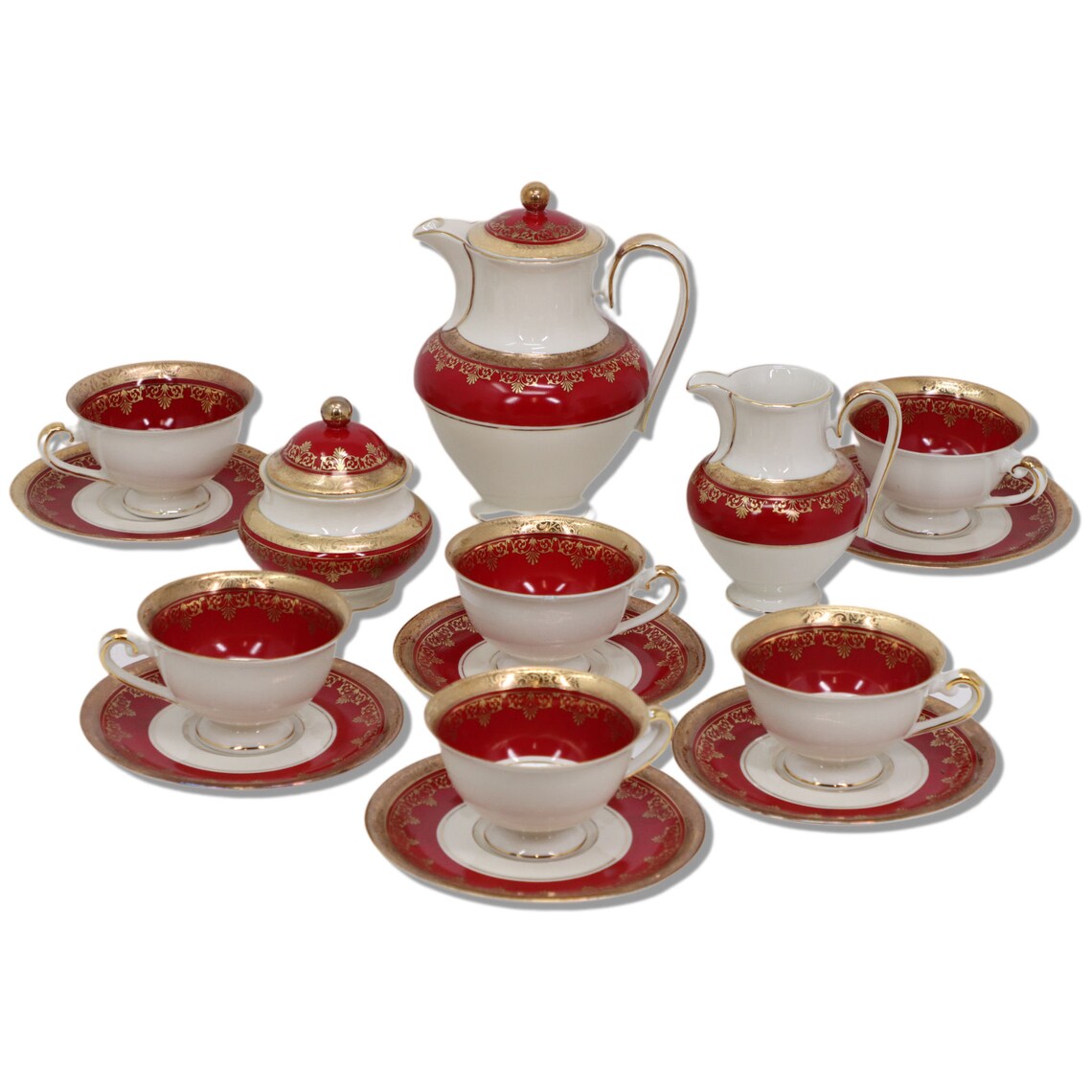 15pc ALKA Kunst Kronach Bavaria 310 Teapot Tea Set 310 Burgundy Gold 1947-58
