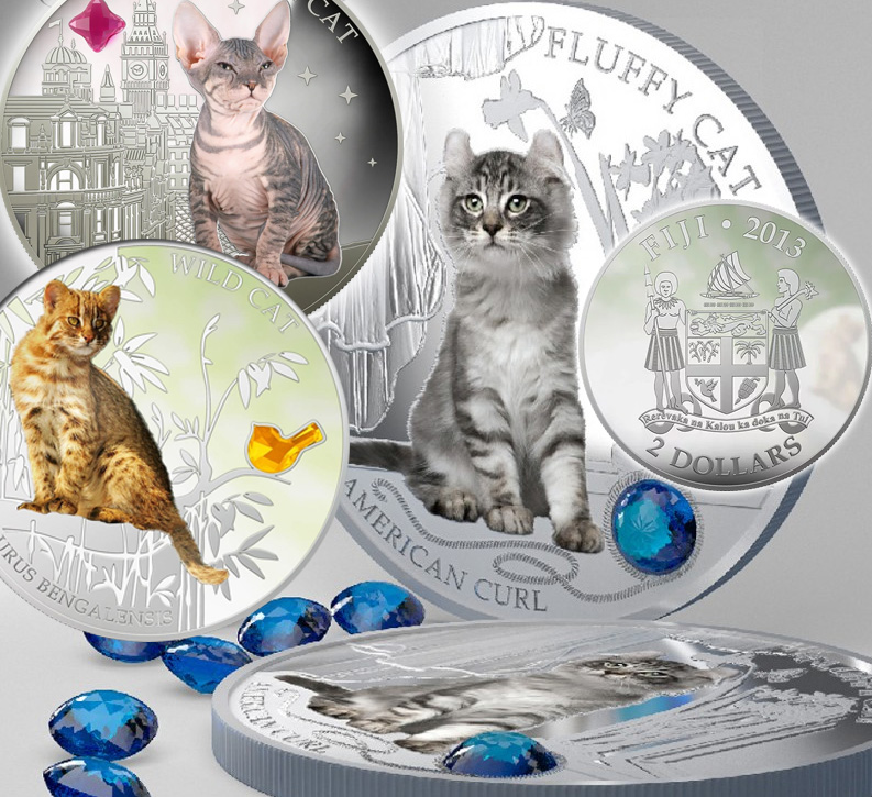 Монеты с кошками и кристаллами