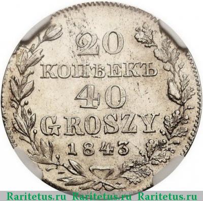 Реверс монеты 20 копеек - 40 грошей 1843 года MW 