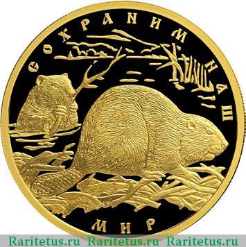 Реверс монеты 100 рублей 2008 года СПМД бобр, золото proof