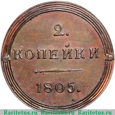 Реверс монеты 2 копейки 1805 года КМ новодел