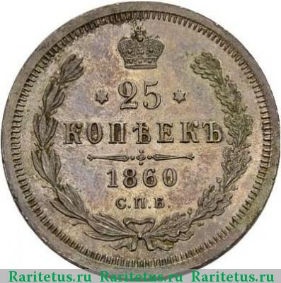 Реверс монеты 25 копеек 1860 года СПБ-ФБ пробные proof