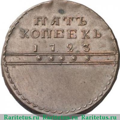 Реверс монеты 5 копеек 1723 года  новодел