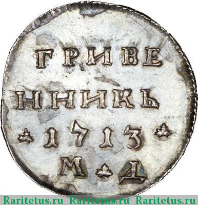 Реверс монеты гривенник 1713 года МД новодел
