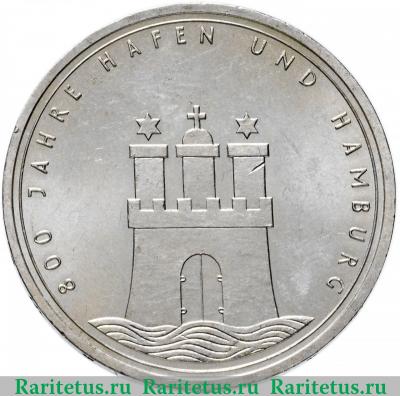 Реверс монеты 10 марок (deutsche mark) 1989 года  Гамбургский порт Германия