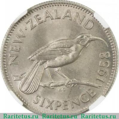 Реверс монеты 6 пенсов (pence) 1958 года   Новая Зеландия