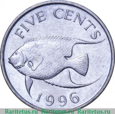 Реверс монеты 5 центов (cents) 1996 года   Бермуды