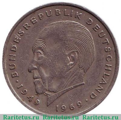 Реверс монеты 2 марки (deutsche mark) 1970 года F Аденауэр Германия