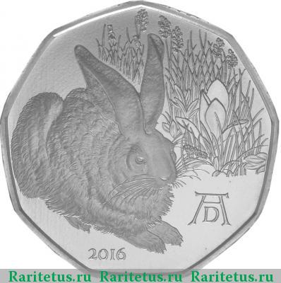Реверс монеты 5 евро (euro) 2016 года  заяц, серебро Австрия