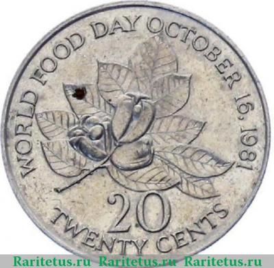 Реверс монеты 20 центов (cents) 1985 года   Ямайка
