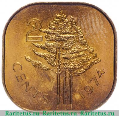 Реверс монеты 2 цента (cents) 1974 года   Свазиленд