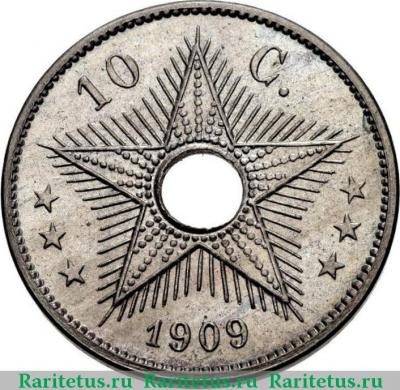 Реверс монеты 10 сантимов (centimes) 1909 года   Бельгийское Конго