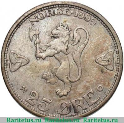 Реверс монеты 25 эре (ore) 1909 года   Норвегия