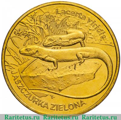 Реверс монеты 2 злотых (zlote) 2009 года  зеленая ящерица Польша